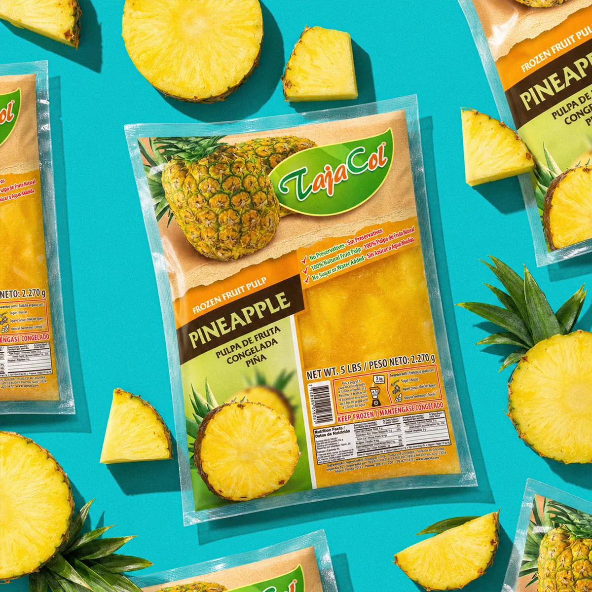 Tajacol frozen pineapple pulp bag with bilingual English–Spanish label designed by GRAFITECK