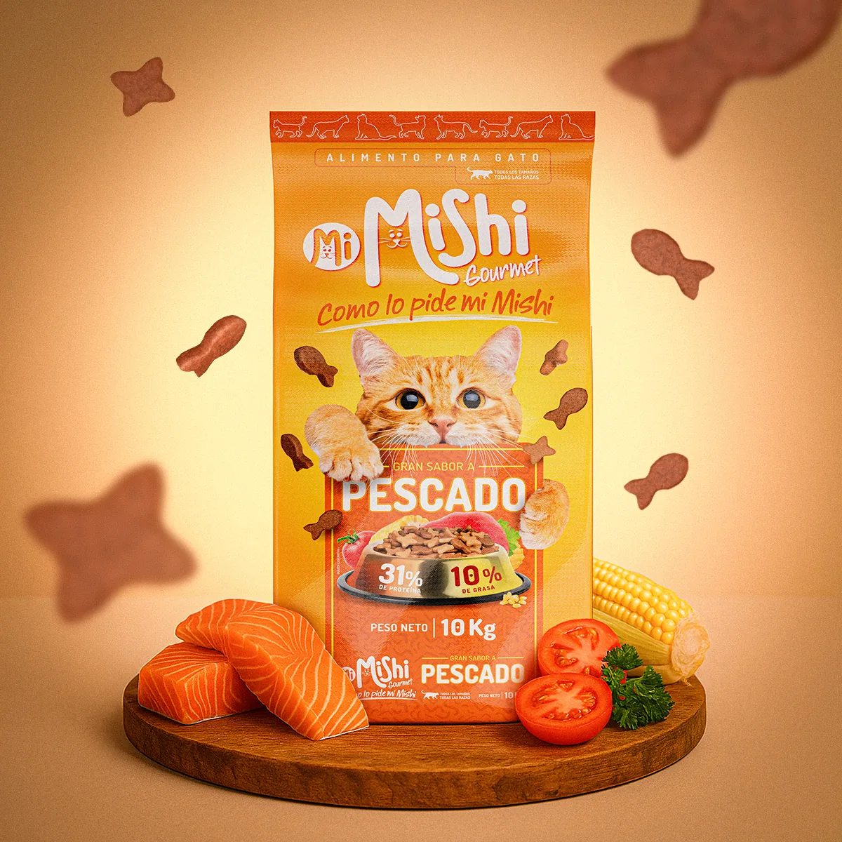 Branding y packaging de MiMishi Gourmet para alimento de gatos.